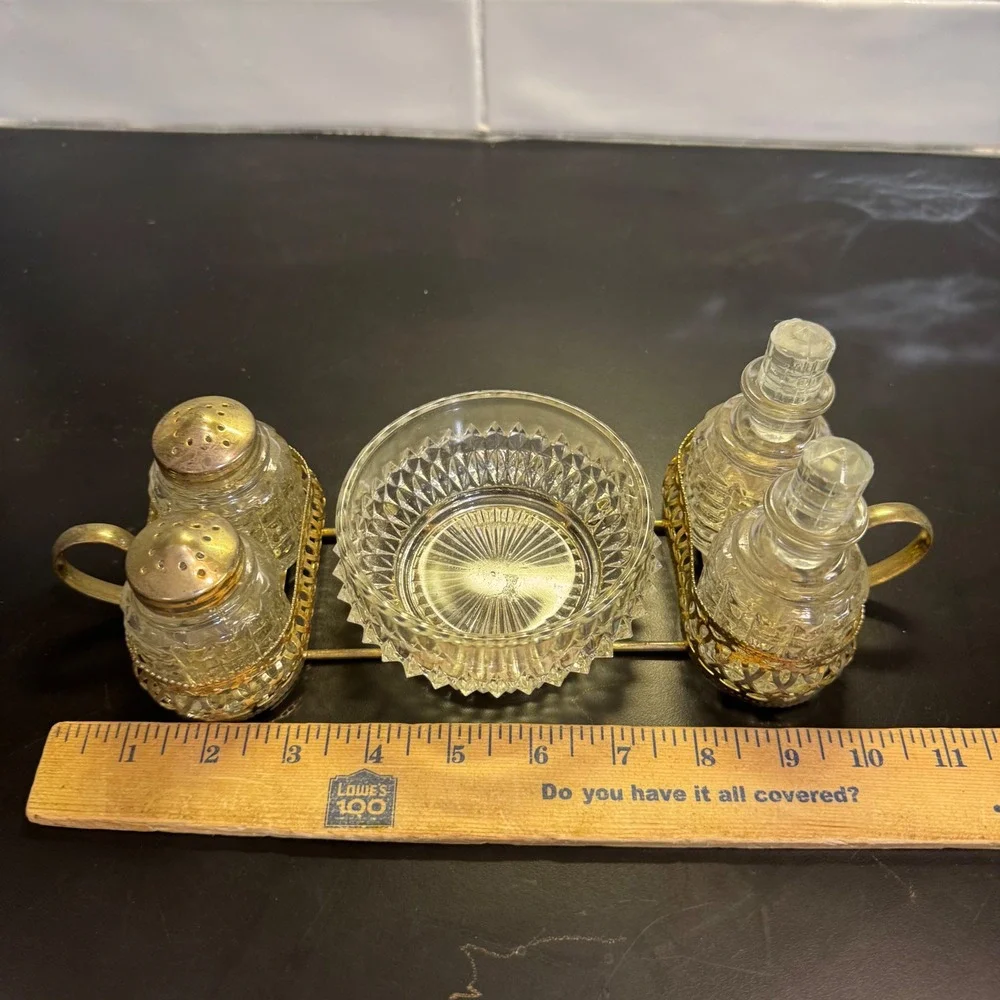Vintage Condiment Caddy Set 6pc Clear Gold Cut Glass Shakers Cruets Bowl